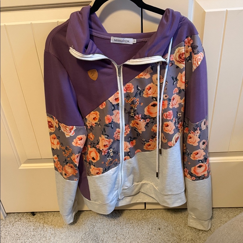 MISSLOOK Women's Floral Patchwork Hoodie - Purple, Gray, and Cream